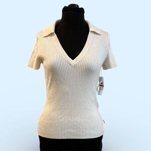 DKNY Cream Ribbed Knit Top